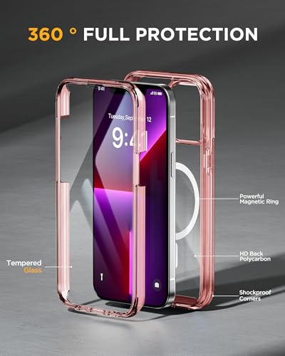 Image of Miracase Magnetic for iPhone 13 Pro Max Case 6.7 inch, (Compatible with MagSafe) Upgrade Full-Body Clear Phone Bumper Case with Built-in 9H Tempered Glass Screen Protector, Magnetic Clear Pink