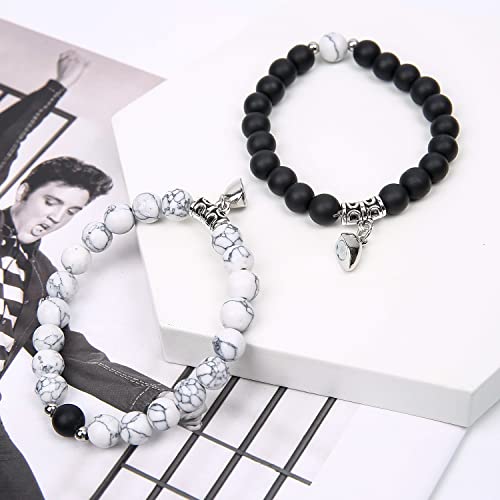 Flyemmet 2Pcs Attract Magnetic Couple Bracelets For Women Men, Distance Matching Relationship 8Mm Beads Couples Friendship Bracelet Jewelry Set For Him And Her (Howlite & Black Matte Heart Bracelet) #TOP2