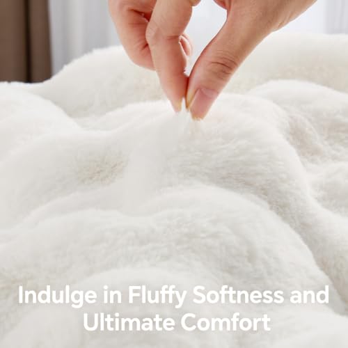 Image of BEDELITE Faux Fur Throw Bubble Blanket for Couch, 60 inch x 80 inch, Cream | 870GSM Soft Cozy Plush Blanket for Sofa & Bed Living Room Decor, Warm Fuzzy Faux Rabbit Fur for Women Gift, All Season Use