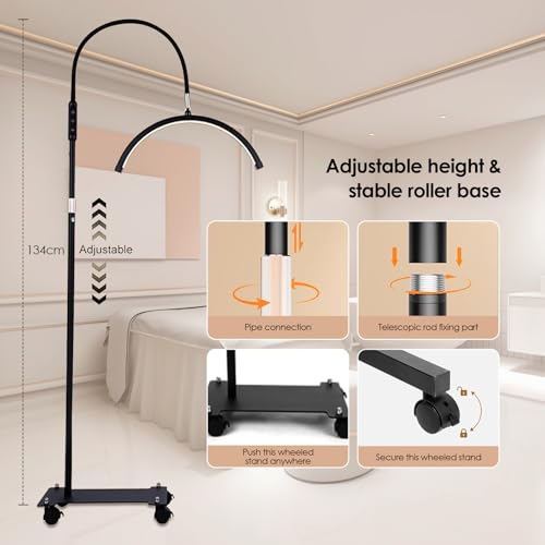 Image of Neoglint 18 inch Half Moon Light with Wheels, Rolling Lash Light for Eyelash Extensions, Dimmable LED Floor Lamp for Esthetician Nail Tech Tattoo Artists, 3200K-6500K Moon Lamp | 192 LEDs with CRI≥95, 3200K-6500K Dimmable Light, 360 Swivel Wheels, Flexible Gooseneck with Height Adjustment