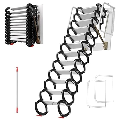 12 Steps Attic Stairs Pull Down with Handrail, Titanium-Magnesium Alloy Retractable Attic Ladder, 10 FT Wall Mounted Folding Ladder for Garage Attic Basement Access(1102 Lbs)