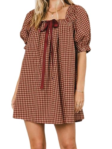 SANSIWU Damen-Minikleid mit Karomuster, Y2K, Gingham-Puffärmel, zum Binden vorne, quadratischer Ausschnitt, Babydoll-Kleid, rot, 38