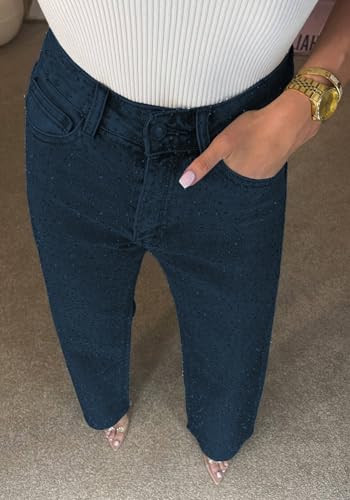 Women's Rhinestone Jeans High Waist Sright Leg Baggy Y2K Sparkly Vintage Wash Trousers Denim Pants2