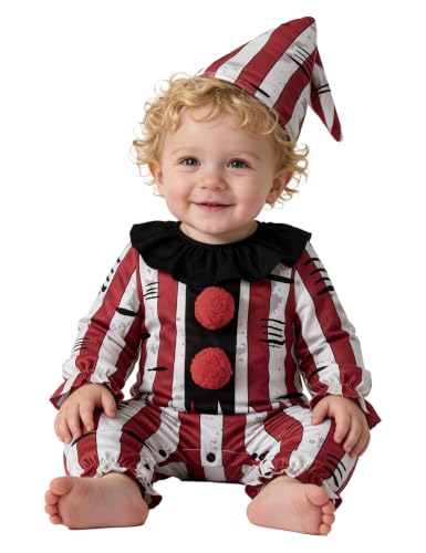 FairySassy Infant Wicked Circus Clown Romper Kids Jumpsuits Bodysuit Toddlers With Hat (18-24 Months,Red Black)