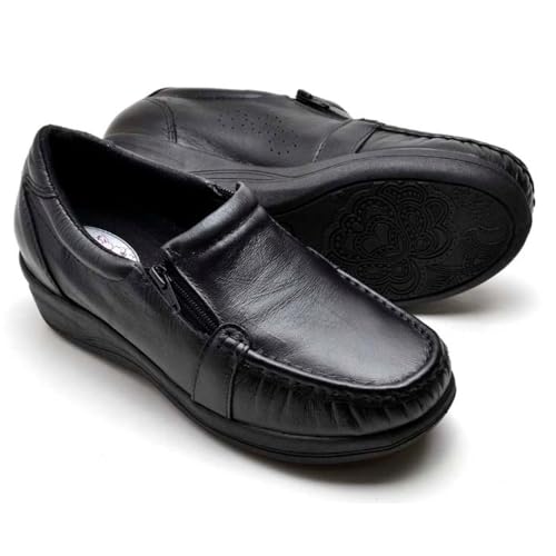 Sapato Ortopédico Feminino Tênis Mocassim Ziper Lateral Anti Stress Confortável Em Couro Legítimo (3