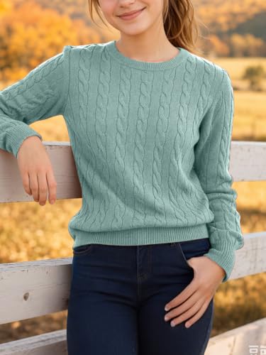 Image of Girls Sweaters Winter Tops Kids School Picture Teen Fashion Long Sleeve Crew Neck Cable Knit Casual Fall Cozy Pullover