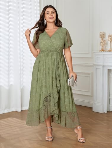 Image of SCOMCHIC Womens Plus Size Wedding Guest Dress Formal Lace Wrap V Neck High Low Short Sleeve Cocktail Maxi Dresses XL-4XL