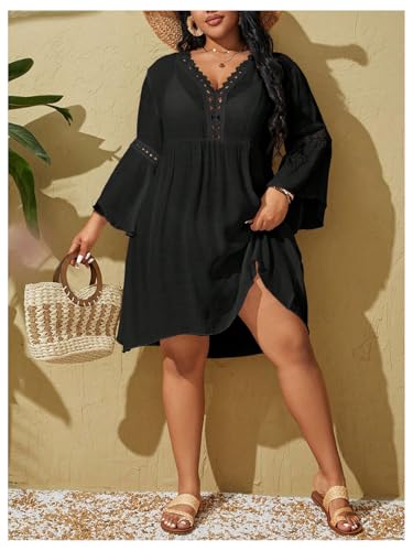 WDIRARA Women's Plus Size Boho Half Sleeve Cover Up V Neck Swimsuit Bikini Beach Dress4