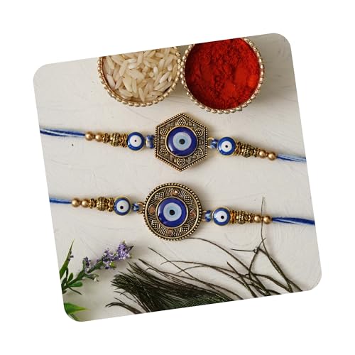 Image of eCraftIndia Set of 2 Evil Eye Designer Rakhis for Brother with Roli Chawal Pack | Raksha Bandhan Rakhi