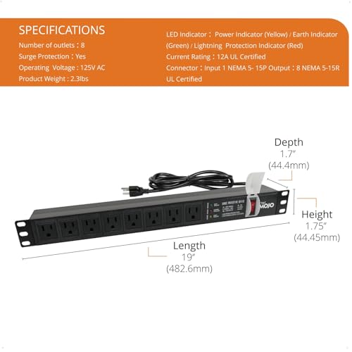 Image of Tecmojo 1U Rack-Mount Horizontal 8-Outlet PDU, UL Listed PDU with Surge Protection LED Indicators 6ft Cord Power Distribution for IT and Network Server Racks