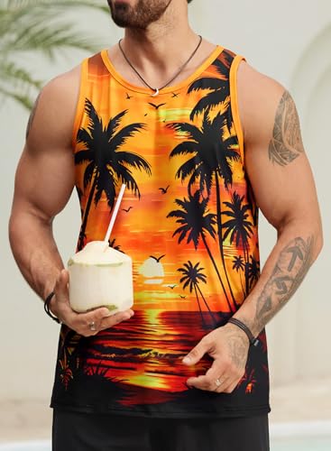 Image of VOGSTART Mens Hawaiian Beach Tank Tops Summer Vacation Muscle Top Graphic Sleeveless Shirts (S-3XL)