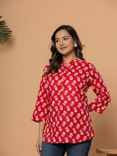 Image of Women's Cotton Printed Kurta Top | 3 /4 Sleeve Straight Kurti Casual Outings