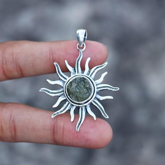 Authentic Moldavite Sun Pendant - 925 Sterling Silver, Healing Crystal From Czech Republic, Gift For Her3