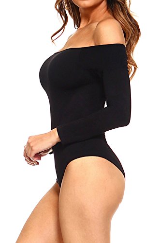 "FOR LESS" Women's One Size Long Sleeve Seamless Boat Neck Off Shoulder Stretchy Sexy Bodysuit Top Jumpsuit Black