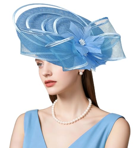 dressfan Womens Church Derby Fascinator Hats Headpiece 20s 50s Vintage Linen Feather Headband Hair Accessories Headwear for Derby/Wedding/Church/Cocktail/Tea Party M2-Light Blue