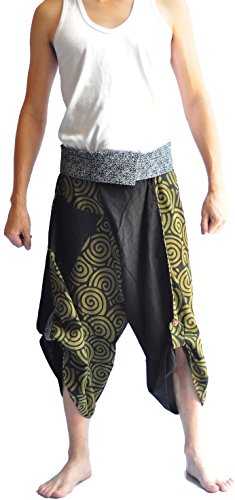 Siam Trendy Unisex Thai Fisherman Pants Yoga Trousers Free Size Cotton Black Circle Green Design