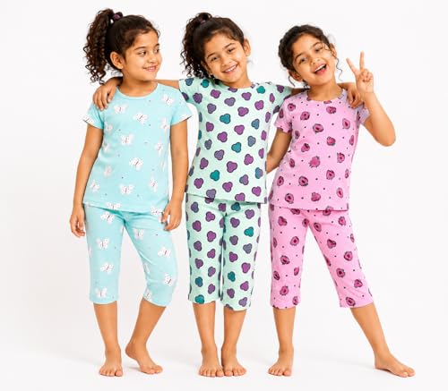 Image of NammaBaby Girl Cotton Night Suit Tshirt Shorts Capri Pyjama Set - Multipacks