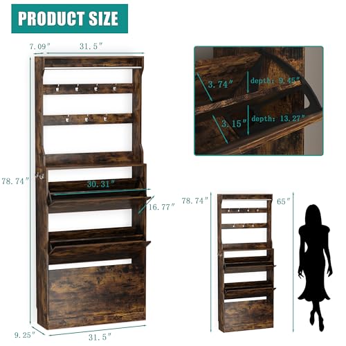 Image of Shoe Cabinet for Entryway with 3 Flip Drawers, Brown Tall Wood Shoe Storage Cabinet with Coat Rack, Narrow Hidden Slim Freestanding Shoe Rack Organizer, 2 in 1 Hall Tree for Living Room, Hallway