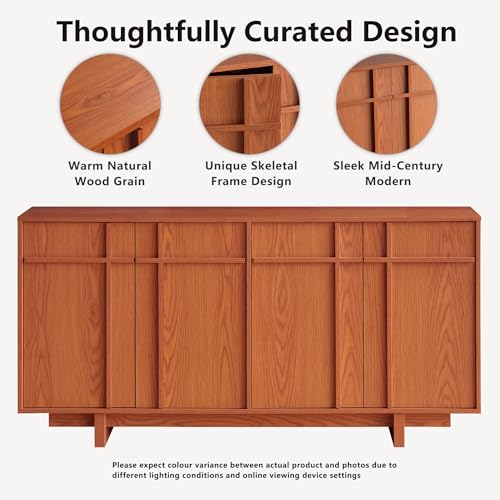 Image of Sideboard Buffet Cabinet with Storage, Mid Century Modern Accent Cabinet with Skeleton Line & Wood Grain Texture, 63 inch Minimalist Credenza for Living Room Kitchen Dining Room Entryway, Cherry