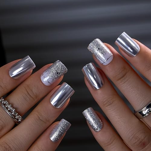 CurvLife Medium Square Chrome Press On Nails, Silver Mirror, Soft Gel