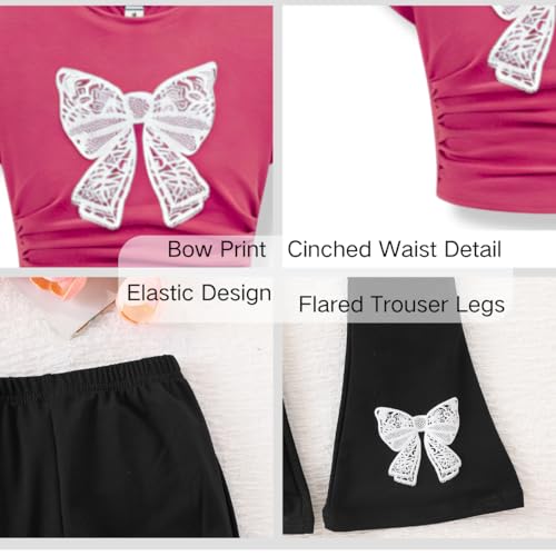 Image of Girls Clothes 2 Piece Short Sleeve Lace Bow Print Tops Flared Pants Set Little Girl Outfits Size 7-14