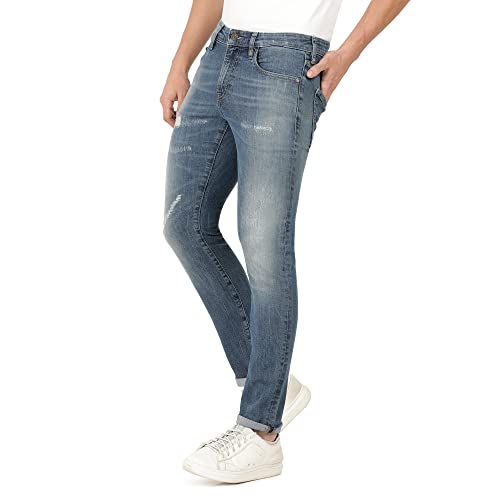 Image of Everblue Men Solid Stretchable Blue Tapered Slim Fit Heavy Fade Midrise Jeans