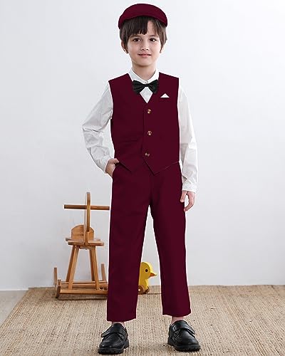 Image of SANGTREE Boys Kids Little Boy Formal Suits Clothes Set, Shirt with Bow Tie Beret Hat Suspender Pants Sets, 3 Months - 9 Years