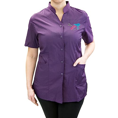CHARLENE Anna Jacket Short-Sleeve Salon Uniform (DS Logo) | Hair Stylist Nylon | Water-Repellant | Machine Wash | Snap Closure (M, DARK PURPLE)