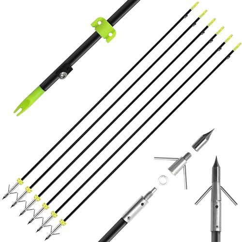 CENWTY Bowfishing Arrows 8mm Solid Fiberglass Fishing Arrow with Removeable Tips and Safety Slides for Hunting Archery Compound Bow Recurve Bow Fishing Arrow (6Pcs)