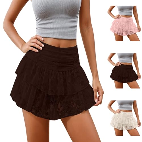 Rock Damen Mehrlagiger Minirock mit Rüschen Spitzenbesatz Sexy Hoch...