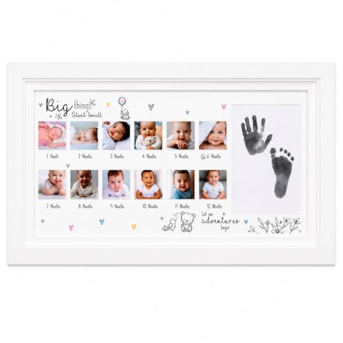 Image of Baby First Year Keepsake Photo Frame with Hand & Footprint Kit, Multi Aperture Monthly Picture Display, White Nursery Frame, Wall Mount or Freestanding Newborn Gift, Baby Shower Memory Frame