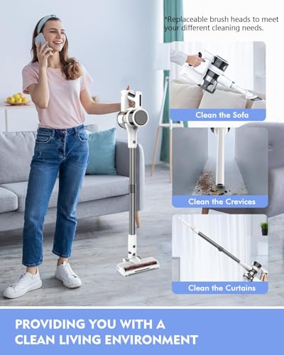 Image of Comvtu Cordless Vacuums, 80,000PRM Powerful Motor Vacuum Cleaner and 2200mAH Rechargeable Battery up to 35 Mins Worktime, 2 Adjustable Modes, Detachable Parts, Wireless Stick Vacuum (Cloud White)