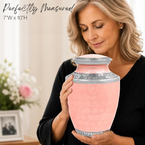 Image of ALPHA Living HOME Cremation Urn for Women Decorative Urn for Human Ashes Woman Men Large up to 220 lbs Decorative Memorial Funeral Burial Urn for Ashes Male Female Dad Mom (Pink Silver)