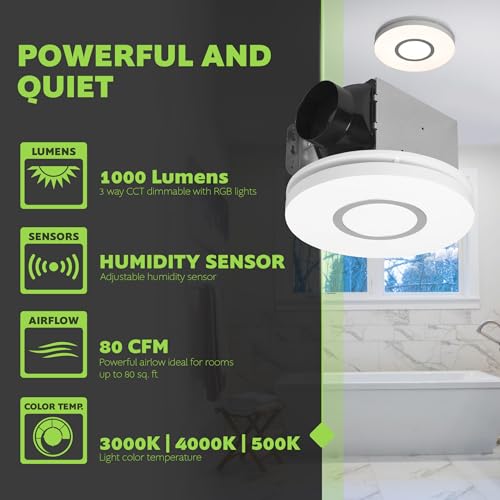 Extractor para baño Homewerks 7141-80-RGB con luz LED RGB cambiante y regulable, ventilador de extracción con sensor de humedad SmartVent, 80 CFM, 1.1 sones miniatura 3