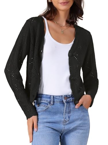 Allegra K Women's Casual Cropped Cardigan Long Sleeve Lightweight Button Up Crochet Knit Sweater Shrug
