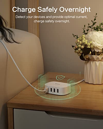 Bull Usb Charger 25W, 4 Port Usb Charging Station For Multiple Devices, Multi Usb Charger Station Apple Iphone, Tablet Laptop Computer, Travel, Home, Office (Ul Listed, 6Ft Extension Cord #TOP5