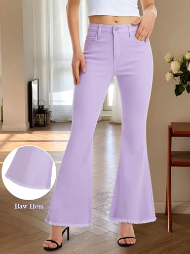 ONESO Womens Flare Jeans High Waist Bell Bottom Jeans for Women Stretchy Denim Distressed Raw Hem Wide Leg Pants3