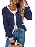 ECOWISH Women's Lightweight Sweater Cardigan - Long Sleeve V Neck Argyle Button Hollowed-Out Knit Shurg Crop Tops with Pockets Navy Blue Medium