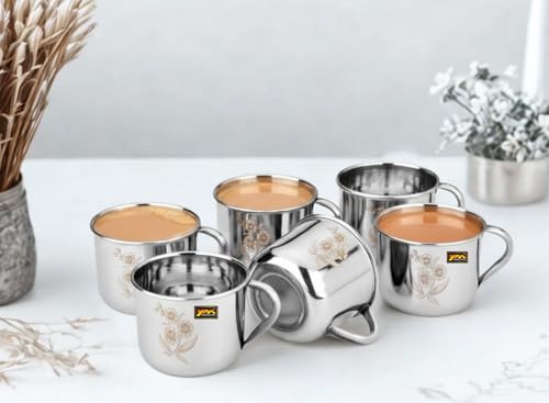 Image of Tea & Coffee Cup | Set of 6 | Premium Single Wall | Silver Mirror Finish | Break Resistant | Durable | Gifting Item | 140ml
