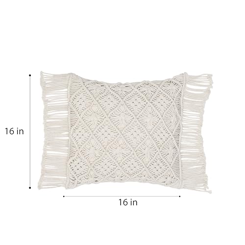 Image of Wakefit Designer Cushion Cover | 16x16 inch| Boho Macrame with Fringe | Cotton Fabric on Front & Back | Bloom Loop | Pack of 1 | Off White