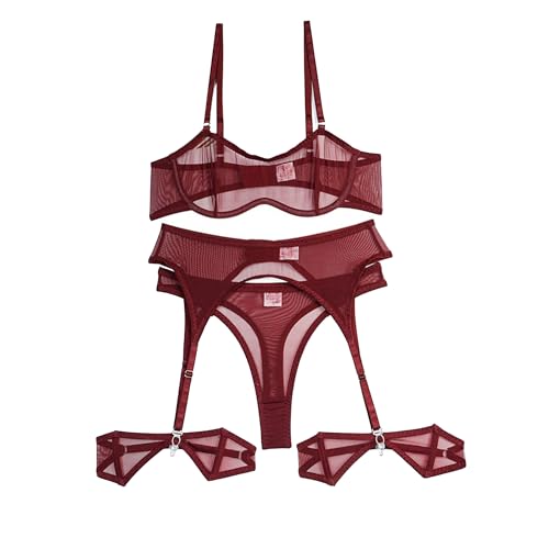 Soutien-gorge push-up en dentelle transparente et sa culotte sexy en maille pour galber le buste