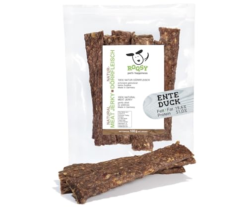 ROQSY Carne deshidratada natural 100% de pato, sin cereales, masticación, carne seca, golosinas para perros, aperitivo ideal para cachorros, tiras para masticar, apto para barf, jerky, 100 g