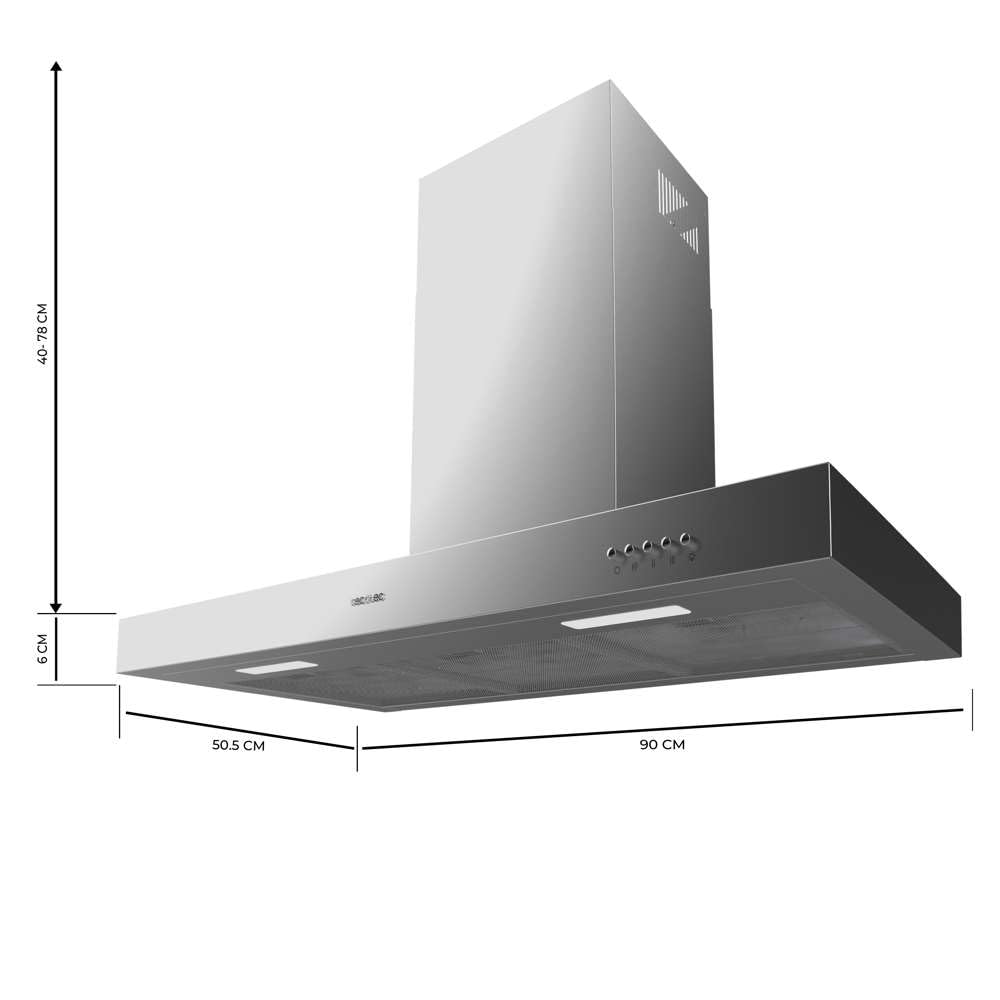 Cecotec Cappa aspirante 90 cm Bolero Flux TM 906500 Inox A. Motore 165 W, decorativo con finitura inox, aspirazione 650 m3/h, controllo meccanico, 3 livelli di potenza, luce e filtro al carbonio
