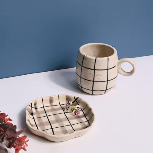 Image of WEAVING HOMES Handcrafted Ceramic Chequred Cuddle Mug & Checks Dessert (Set of 2) Coffee Mugs, Ceramic Mugs, Tea Mugs, Plates, Ceramic Plates, Dessert Plates, Mug & Plate Set
