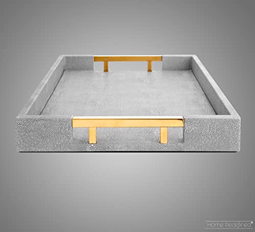 Home Redefined Modern Elegant 18"x12" Rectangle Glossy Grey Shagreen Faux Leather Decorative Tray Ottoman Coffee Table Perfume Kitchen Display Perfume Serving Tray with Gold Polished Metal Handles.