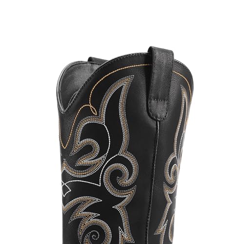 DREAM PAIRS Women's Cowboy Cowgirl Boots Embroidered Square Toe Mid Calf Western Boots Fashion Dress Chunky Low Heel Shoes for Theme Party Country Concert,Size 8,Black,DWUMMB2516