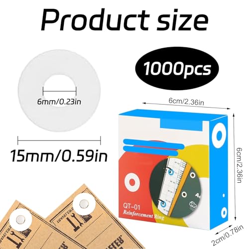 1000 Stück Lochverstärker Selbstklebend,Lochverstärker,Ringlochverstärker, Locherschutz Aus Loseblattpapier,Ringbuchverstärker Für Büro, Schule(Weiß,15 Mm Außendurchmesser, 6 Mm Innendurchmesser）