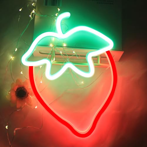 Image of Strawberry Neon Sign Red Green Strawberry Neon Lights for Cute Fruits USB Battery LED Sign for Room Restaurant Bar Fruit Shop Green Grocery Wall Decor