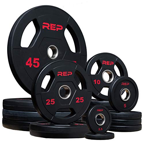 REP FITNESS Rubber Coated Olympic Plates, Updated Design - Tri-Grip Olympic Barbell Weights – Sold in Pairs and Sets