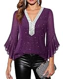 Timeson Dressy Tops for Women: 3/4 Sleeve Sequin Holiday — Christmas Outfits — Plus Size Blouses for Women Fall Business Casual Clothes Sparkly Shirts Office Work Peasant Formal Tunic Loose Purple 2XL